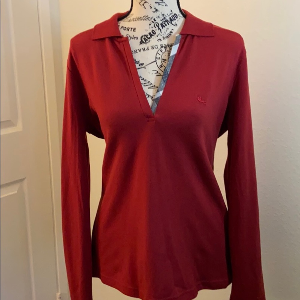 Almost new! Burberry Red V-neck Plaid Accent Top